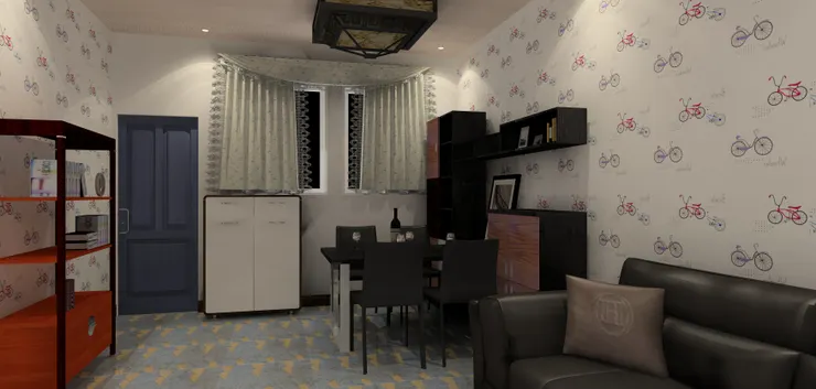 飯廳的窗戶用了米色短窗簾，因為有鞋櫃和餐椅就不要用太長的。