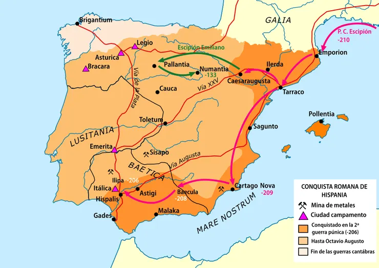 羅馬人用兩百年征服伊比利半島的大致路線。圖上可見Numantia。Wiki Commons, ":Invasionromanahispania.svg"