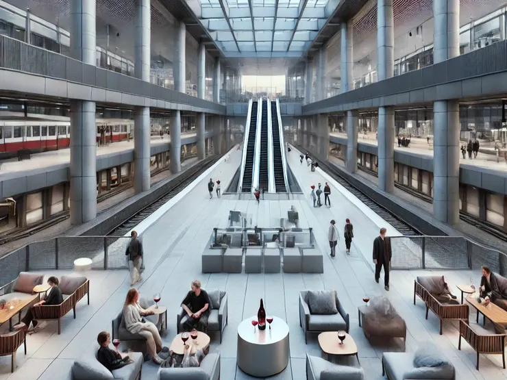 超大型地鐵站，不過休息區應該在中層樓的露台才對。- By ChatGPT