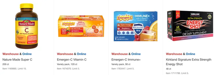 Nature Made維他命C $16.49,Emergen-C沖泡式維他命C $28.99、免疫力加強沖泡粉 $26.99,Kirkland Signature 強效能量飲料 $35.99。
