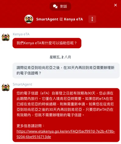 肯亞電子簽申辦官網的聊天室回覆 (回覆速度大概5分鐘內~令我驚艷XD