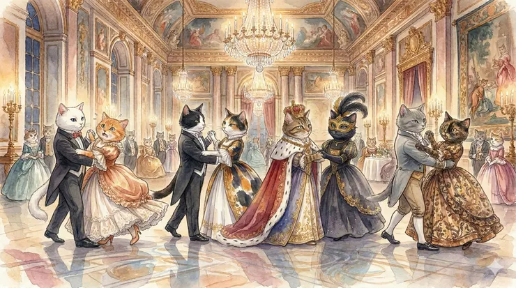 「八貓交際舞會」：白貓意外地遵守dress code，穿了正式的黑色燕尾服，牠是唯一沒依花色著裝的貓。（被踩腳也依然維持風度）