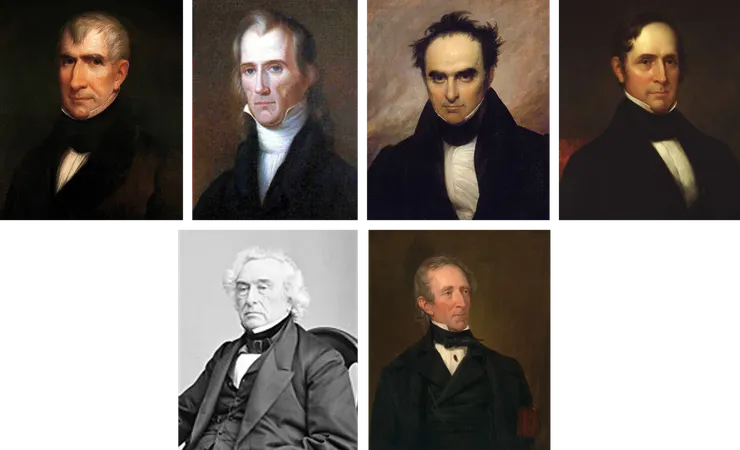 1836年輝格黨推派的總統大選候選人組合，上排左起哈里森、懷特、韋伯斯特、曼格姆；下排為副總統候選人格蘭傑（左）與泰勒（右）。