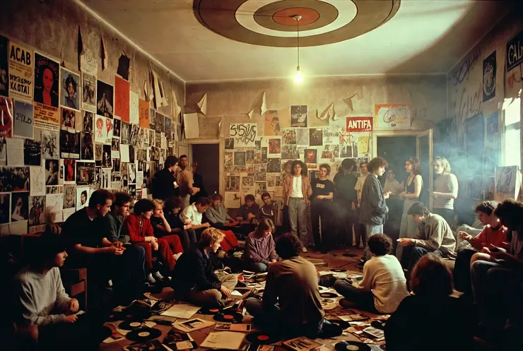 室內「地下圈子」佔屋「孵化器」： 表現當時的「佔屋運動」（Squatting）。在一個老舊、牆皮剝落但充滿藝術海報的高挑公寓裡，一群多元性別、不同背景的年輕人聚在一起抽煙、討論政治、聽黑膠唱片。這就是 Techno 誕生前的「溫床」。