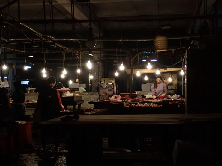 望著零售市場砧板上那顆張著嘴的鮪魚頭,無神、空洞,角膜因氧化逐漸灰濛的大眼。(攝於零售市場)