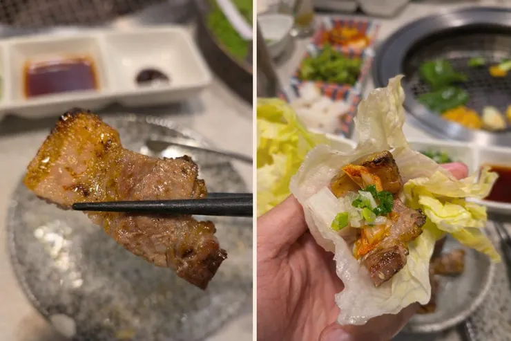 厚切豚五花，可以搭配生菜包肉、泡菜、蘿蔔、蔥鹽等，組合成韓式風味最讚。