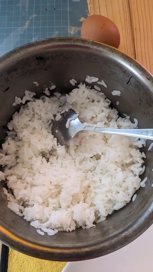 稍微失敗的米飯，起鍋還偏濕，要翻攪一下讓余熱蒸發水分