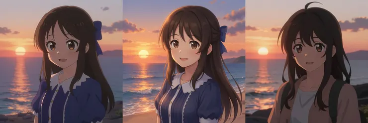 左：Danbooru 資料集模型產生的圖片，中：Nano Banana Pro 資料集模型產生的圖片，右：原生 Z-Image-Turbo。Prompt：amazing anime-style illustration, zzArisuTachibana, upper-body shot, smile, sea background, sunset, cinematic lighting, masterpiece, best quality