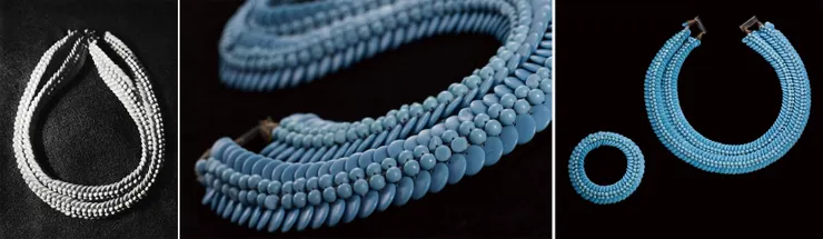 Schiaparelli aspirin necklace created by Elsa Triolet for Elsa Schiaparelli Glass paste beads, metal wire and beige cotton braidMan Ray© MAN RAY TRUST / Adagp, Paris 2016　©&nbsp;Art Digital Studio / copyright Musée d’Evreux
