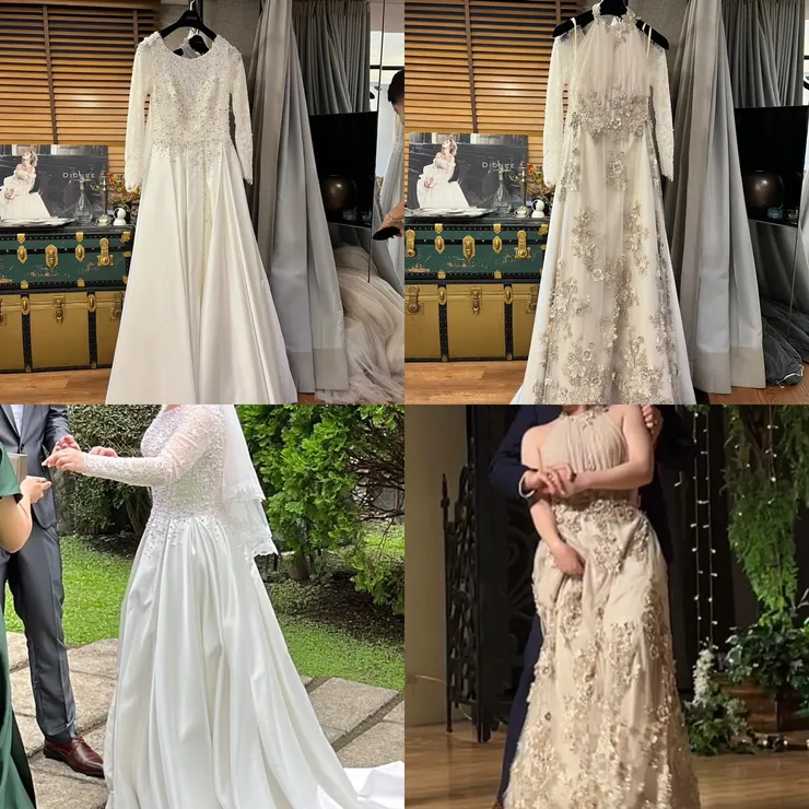 主紗：蕾絲長袖緞面裙擺 / 禮服：削肩露背落地禮服