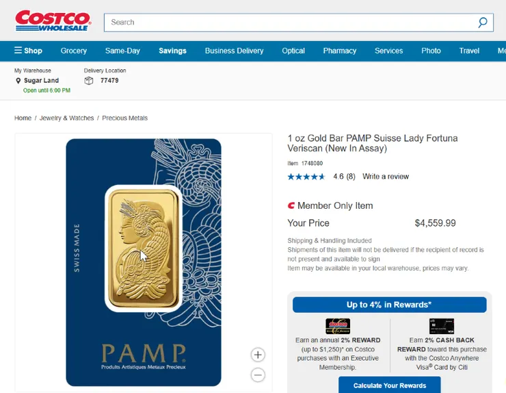 圖為在這一波金銀大漲狂潮中，曾數度在美國部分好市多（Costco）門市賣到缺貨的幸運女神金塊（Lady Fortuna）。— 截圖自好市多網站