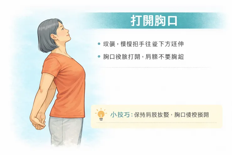 打開胸口 文案： 吸氣，慢慢把手往後下方延伸 胸口微微打開，肩膀不要聳起 💡小技巧：保持肩膀放鬆，胸口慢慢張開 畫面建議：側面示意圖，胸口微挺開，肩膀自然下沉