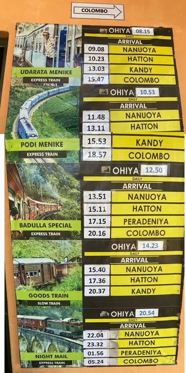 列車到站時間表，我們是乘坐往首都可倫坡（Colombo）方向的列車