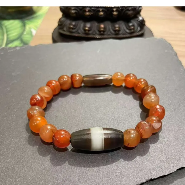 黑白藥師珠老天珠搭配老紅瑪瑙