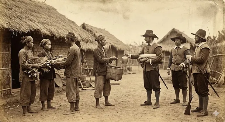馬卡道族人與荷蘭人交易。(本圖為AI生成示意圖)