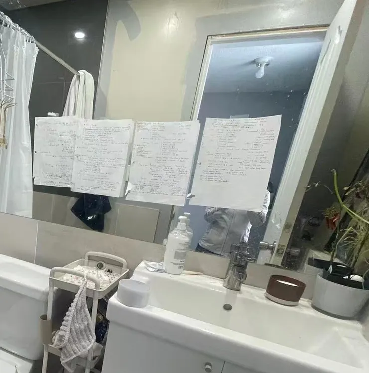 熬夜苦讀到把筆記都貼在廁所