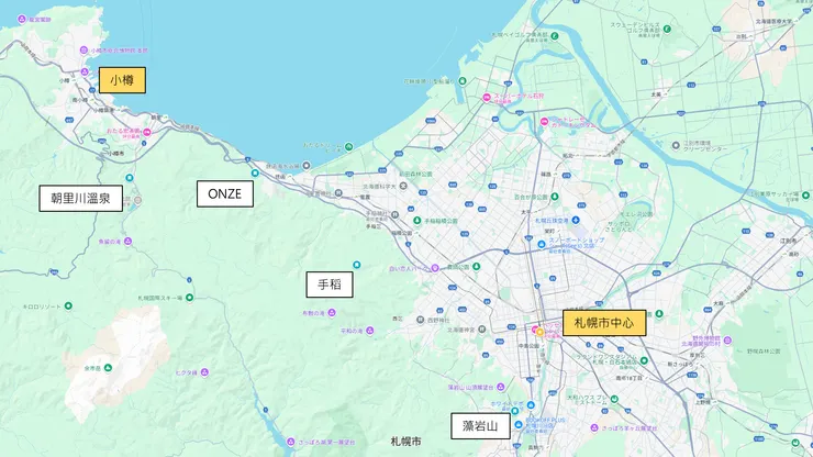 藻岩山、ONZE、手稻、朝里川溫泉滑雪場位置 (點圖可放大)