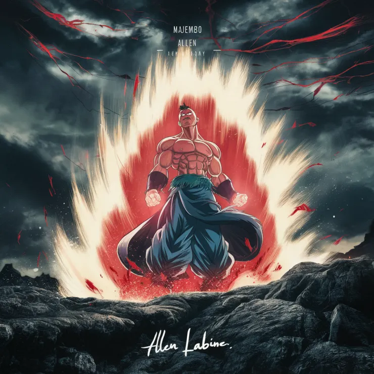 A mesmerizing anime-style illustration portrays the intense transformation of Majembo, now known as Allen. His muscular form is enveloped in a dazzling red aura, emphasizing his tremendous power. Perched atop rugged and rocky terrain, Allen's fierce gaze is unwavering, as the sky above swirls with enigmatic red energy. The dark and Moody backdrop intensifies the radiant energy emanating from Allen, while the signature "Allen Labine" proudly showcases the artist's distinct creative vision.
