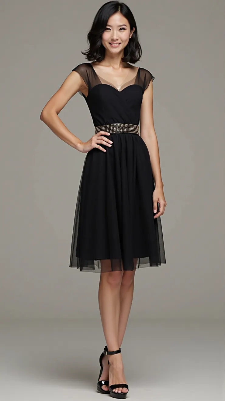 Tulle A-line dress, studded belt, peep-toe heels( 蕾絲A字禮服，鉚釘腰帶，露趾高跟鞋 )