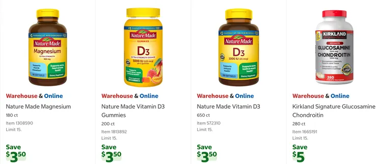 鎂加強錠 $19.49、D3 軟糖 $19.49、D3 $16.49、葡萄糖胺+軟骨素 $24.99。