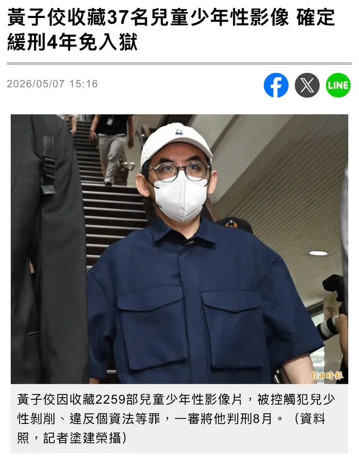 黃子佼收藏37名兒童少年性影像 確定緩刑4年免入獄/自由娛樂報導