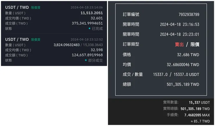 BitoPro 買進紀錄(左) vs MAX 賣出紀錄(右)