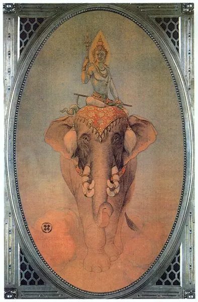 因陀羅騎乘愛羅婆多象的畫作，由那里沙拉．努瓦迪翁王子繪製