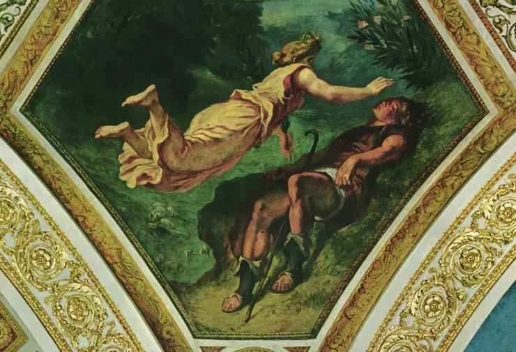 Eugène Delacroix, Palais Bourbon, painting in the dome of poetry, scene: Hesiod and the Muse, 2nd third of 19th century, Library of the Palais Bourbon, from Wikimedia Commons, Accessed 2024/04/28. 德拉克羅瓦：〈海希奧德及謬思〉，Library of the Palais Bourbon，來自Wikimedia Commons，讀取日期2024/04/28。