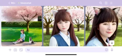 啊貓呢?貓跟人合而為一了!?,Line Moonshot指令:寫實人像 櫻花樹下抱著一隻貓等待愛情的少女