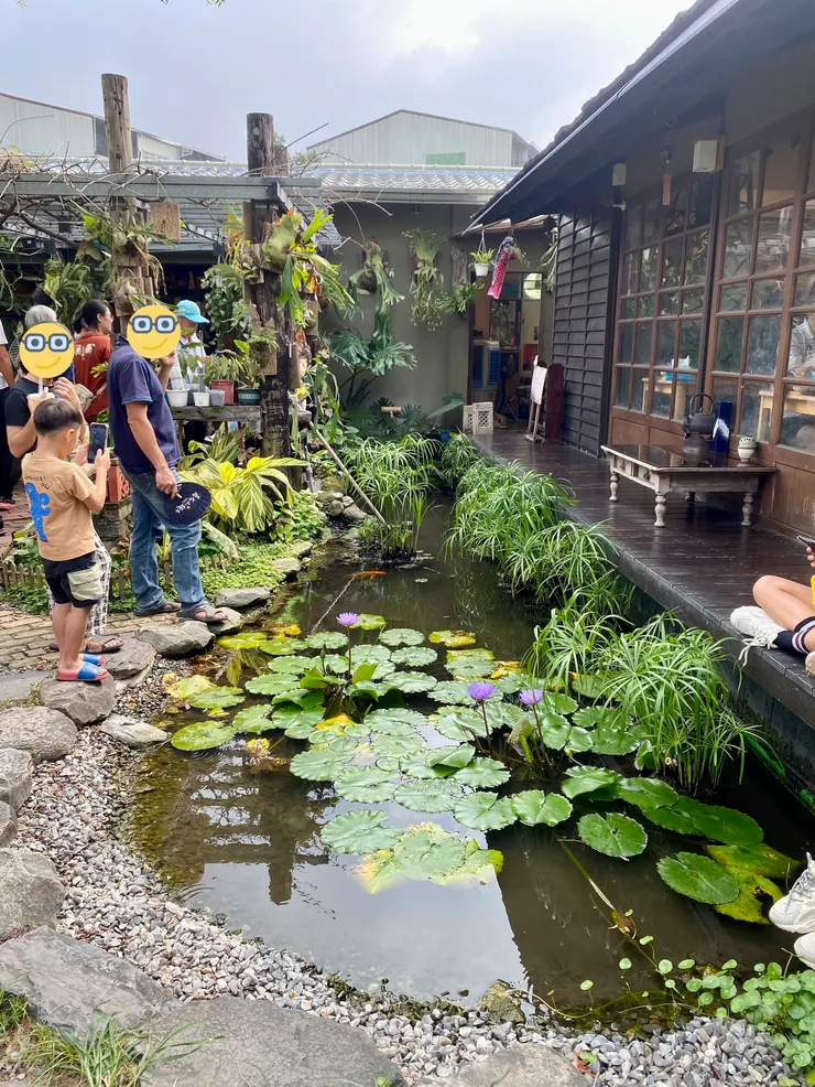 在魚池邊看魚兼等待的人們