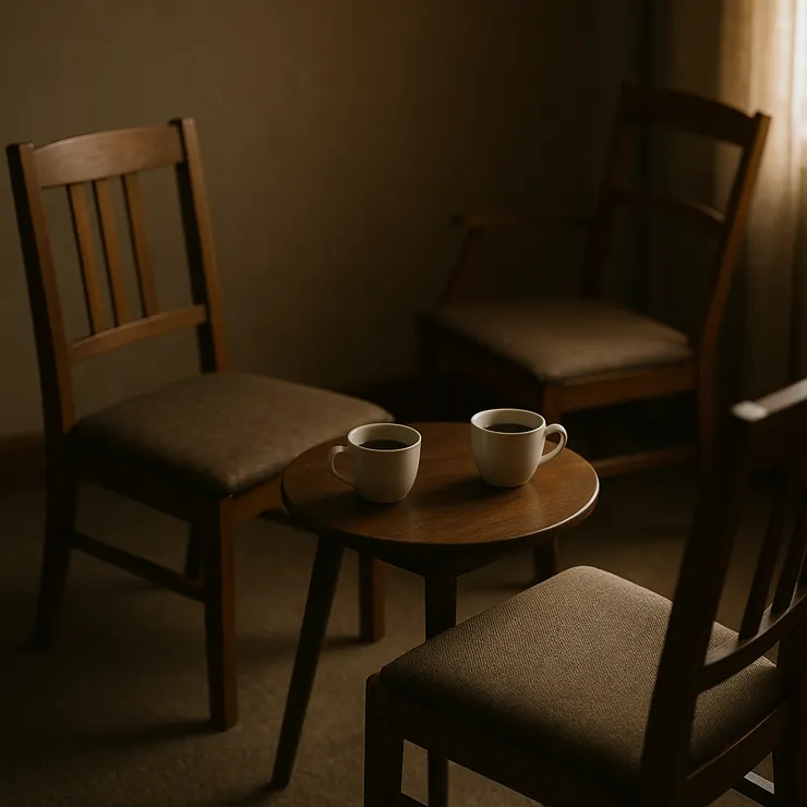 兩張對角椅相望;杯沿朝向同一側,第三張椅斜在陰影裡。