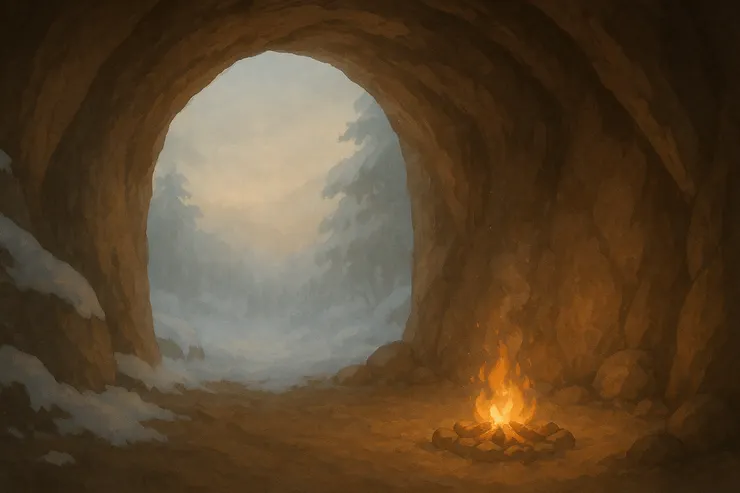 風雪停了，清晨還帶著霧。爐火吐著微光─像是一顆終於能安靜呼吸的心。