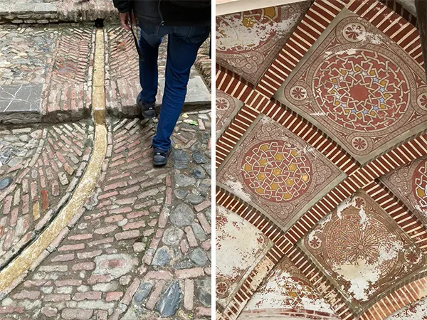 (左)花園的步道中還有水道以調節溫度 (右)舊宮殿天花板上的幾何裝飾