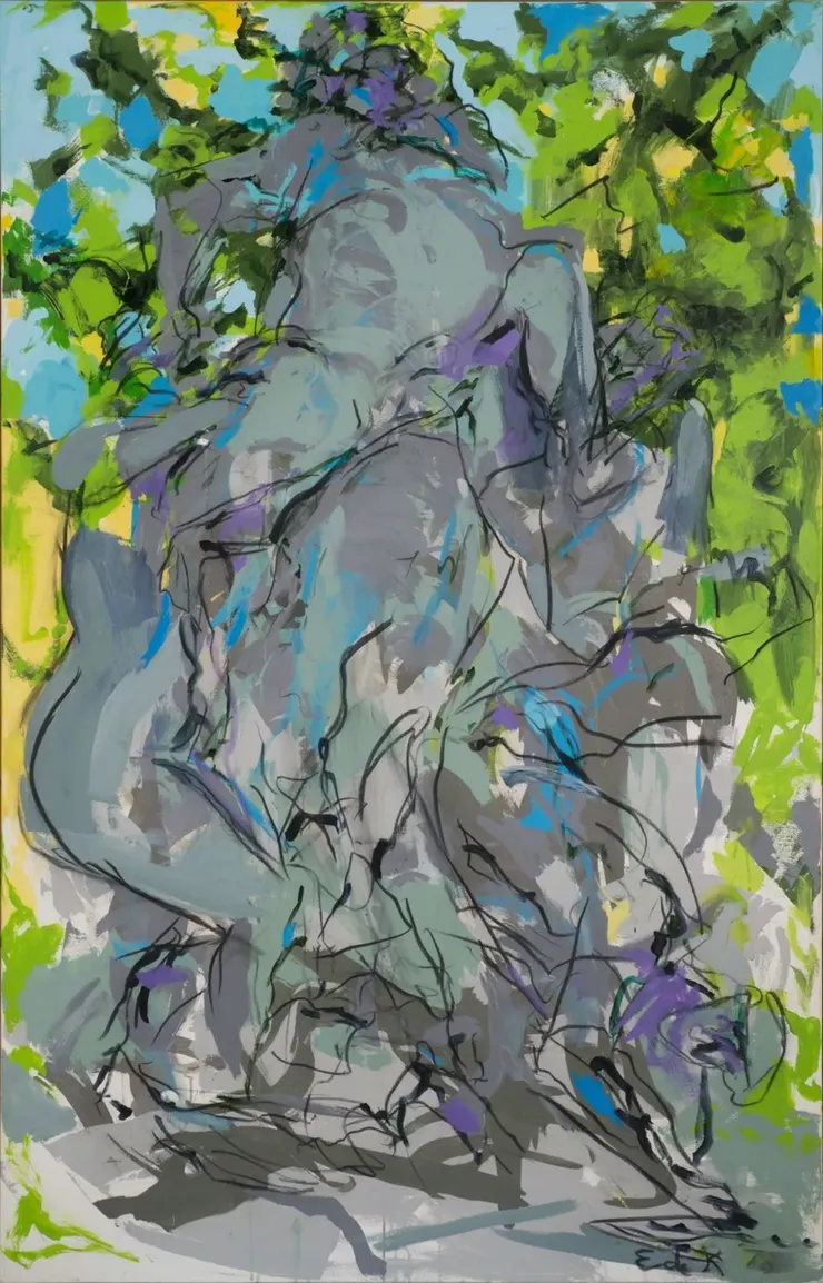 《巴克斯3號》屬於伊萊恩·德·庫寧自1976年起，耗時七年創作的一系列油畫與水彩畫。她特別欣賞該雕塑扭曲且充滿動感的造形。畫作結合了寬闊的輪廓筆觸與平塗色塊，以此暗示雕塑表面的綠色銅綠。