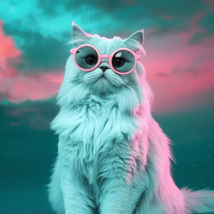 A profile neon-blue fur cat sitting upright on a teal surface. The cat is wearing a pair of pink, round sunglasses that magnify its eyes. The background is a blend of turquoise and pink hues, possibly depicting a sky during sunset or sunrise. There are also some small particles or specks scattered throughout the image.