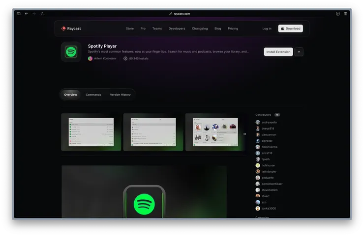 擴充詳細頁面展示了擴充的示意圖、指令與其它相關資訊。上圖為 Spotify Player 擴充，使用者可以用來與 Spotify 整合，在 Raycast 裡進行 Spotify 相關操作。