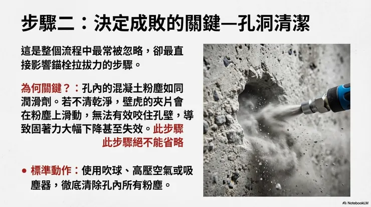 步驟二：決定拉拔力的關鍵 這是最多人偷懶、也是導致壁虎失效的主因。孔內的混凝土粉塵就像「滑石粉」或潤滑劑。 如果沒有用吹球或高壓空氣將粉塵徹底吹出，壁虎的夾片就會在粉塵上打滑，無法咬死孔壁。不管趕不趕時間，清潔步驟絕不能省，這是對強度的承諾。