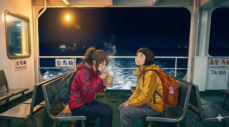 2009年台馬輪，在無星的黑夜海上，吃一碗溫暖心胃的泡麵。(圖片為AI生成)
