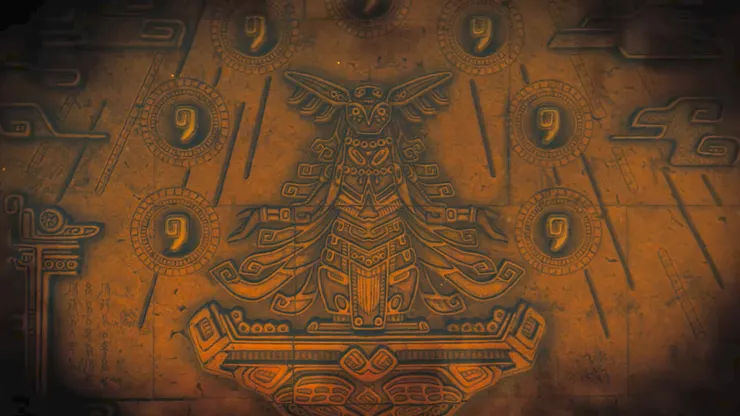 勞魯的服裝設計，披肩上的三角紋與腰間的龍頭狀飾品