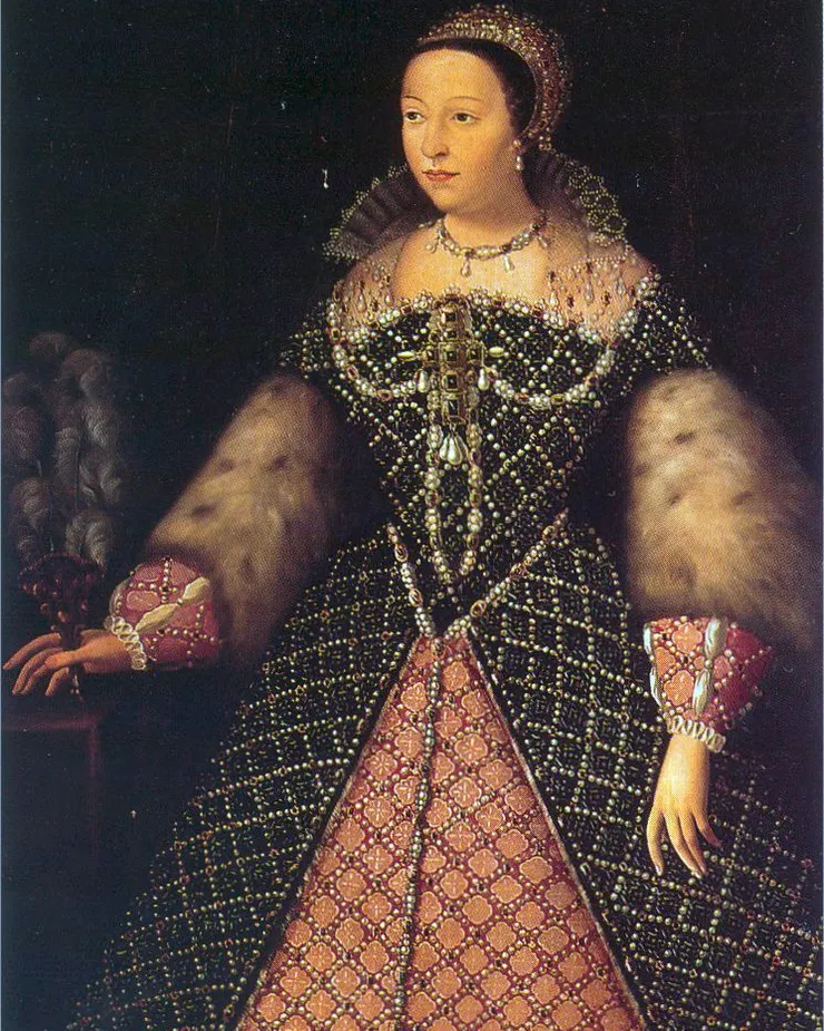 「凱瑟琳·德·美第奇」穿著一件禮服，禮服的「緊身胸衣」高聳，飾有毛皮襯裡的喇叭袖子，前片為粉紅色，內襯袖子也與之相配，約於1555年。