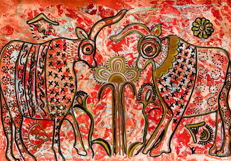 「 與其他神聖動物一樣，公牛也列於生命柱兩側 ; …… 。公牛身上的象徵性標記：圓圈、半圓、X紋、小圓點以及螺旋條紋 ; 在這些符號下描繪著魚和子宮圖案。文字：<< 女神的語言 >> / 圖：Kuang Yu 光育