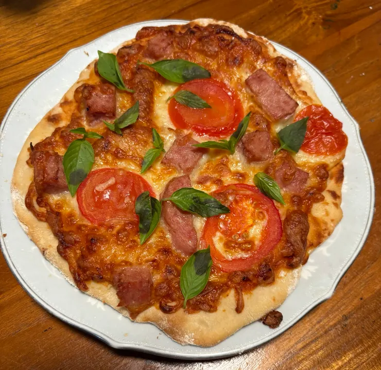 烤好的pizza，九層塔一定要放，畫龍點睛呀！