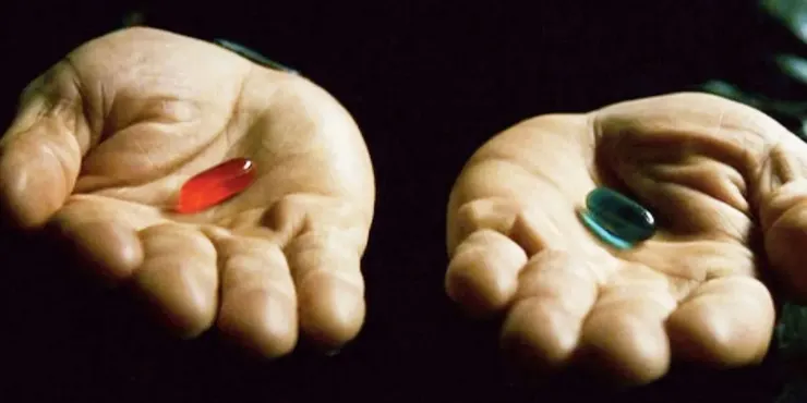 「紅藥丸」（red pill）這一概念最初源於 1999 年的科幻電影《駭客任務》。來源：《駭客任務》電影劇照