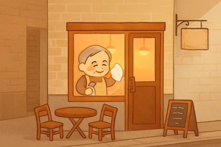 佇立在內街的小餐館，由一班長者經營著。（插畫由 Copilot 協助創作）