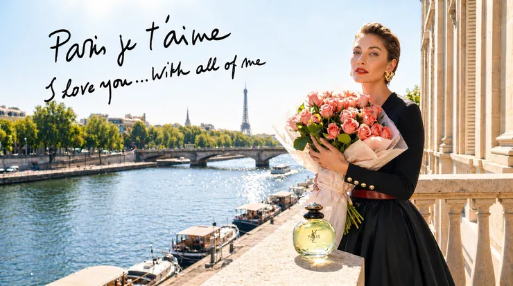 致敬YSL Paris復古海報 - 參考復古海報重新AI生成的香水意象圖。連香水瓶都是復古版本。