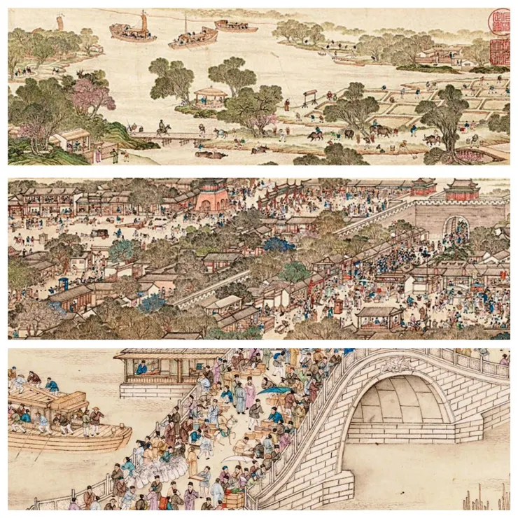 這幅18世紀的長卷畫，是對張擇端名作《清明上河圖》的縮小版本與再詮釋，由乾隆皇帝親自下令，命宮廷畫家姚文瀚繪製。畫作精妙之處，在於其中繁密的人物與場景：它不僅僅是一幅畫，更可說是一座城市的群像縮影──描繪著中國古城開封，從農田郊外延伸至城牆外的亭臺樓閣，涵括了城中所有的百姓與生活景象。以一條河流貫穿全圖，成為這幅繁複構圖的主軸。畫中商業活動繁盛，文人則可從手持折扇中輕易辨識出來。當時正值清明節──這是一年一度的祭祖節日。