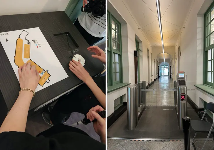 （左）鐵道部園區裡有不少立體模型，可讓視障朋友們體驗。（右）園區本體就是古蹟，走在裡面充滿復古感。