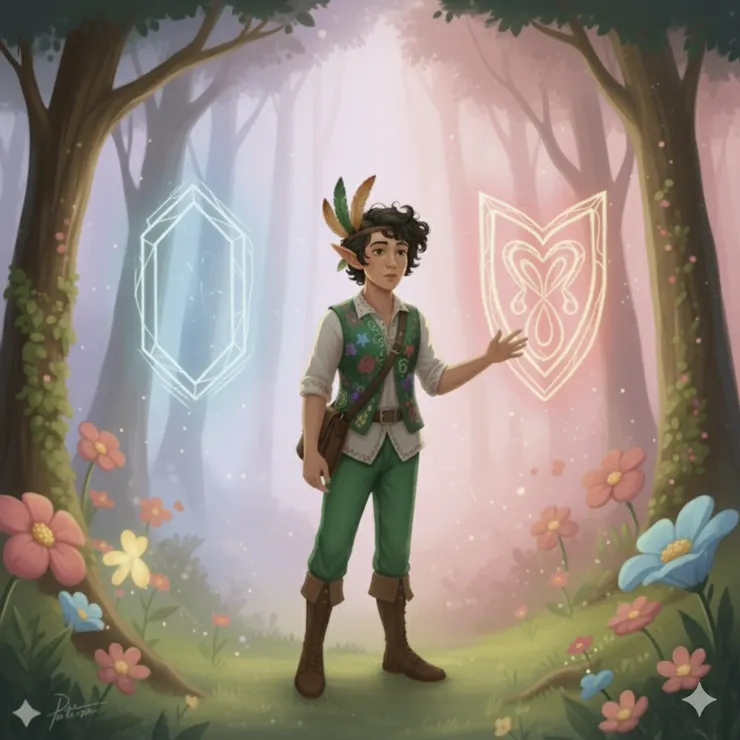 畫面左側，一個帶著冰冷光芒的透明符文寫著「漸行漸遠」，符文周圍的線條疏遠而單薄。而畫面右側，一個閃爍著柔和、溫暖光澤的符文上寫著「越走越近」，線條則緊密交織，形成一個愛心或擁抱的圖案。主角站在兩個符文之間，臉上帶著深思熟慮的表情，手輕輕地觸碰右側的溫暖符文，彷彿在做一個重要的決定。