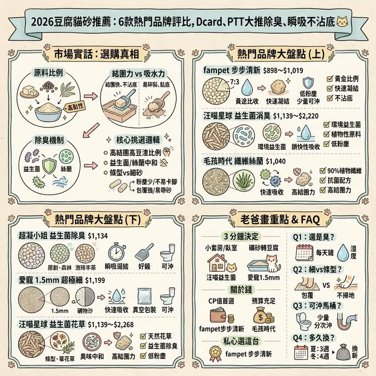 2026豆腐貓砂推薦：6款熱門品牌評比，Dcard、PTT大推除臭、瞬吸不沾底 🐱
