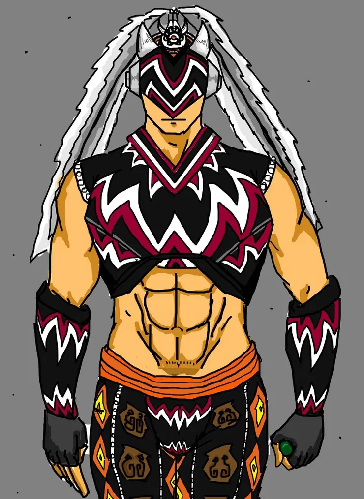 我拿去投稿參賽的超級英雄角色：排灣族超級英雄－黑勇士。上身盔甲的靈感是來自排灣族勇士琉璃珠，褲子是傳統的盛裝加上勇士琉璃珠。這幅並非當時參賽的圖，當初是手繪且有背景，這幅是我另外畫的電繪版。